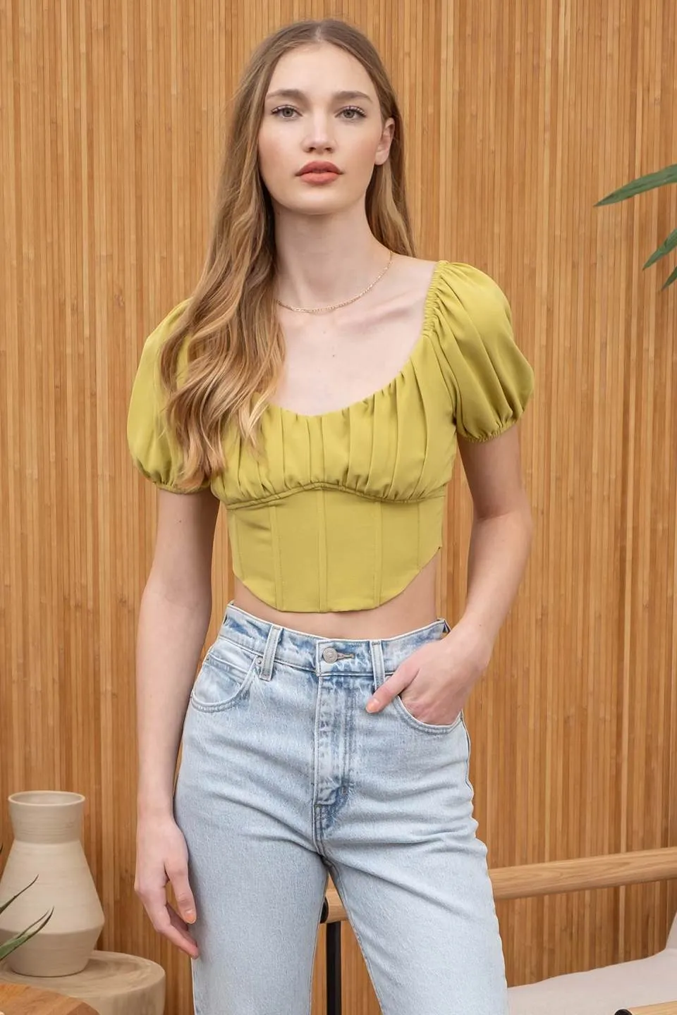 BACK TIE CORSET WAIST SHORT PUFF SLEEVE CROP TOP sold by Blu Pepper product image thumbnail 5