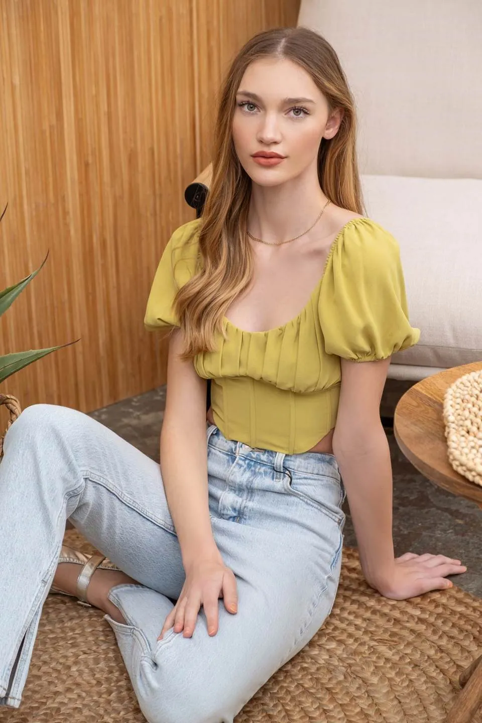 BACK TIE CORSET WAIST SHORT PUFF SLEEVE CROP TOP sold by Blu Pepper