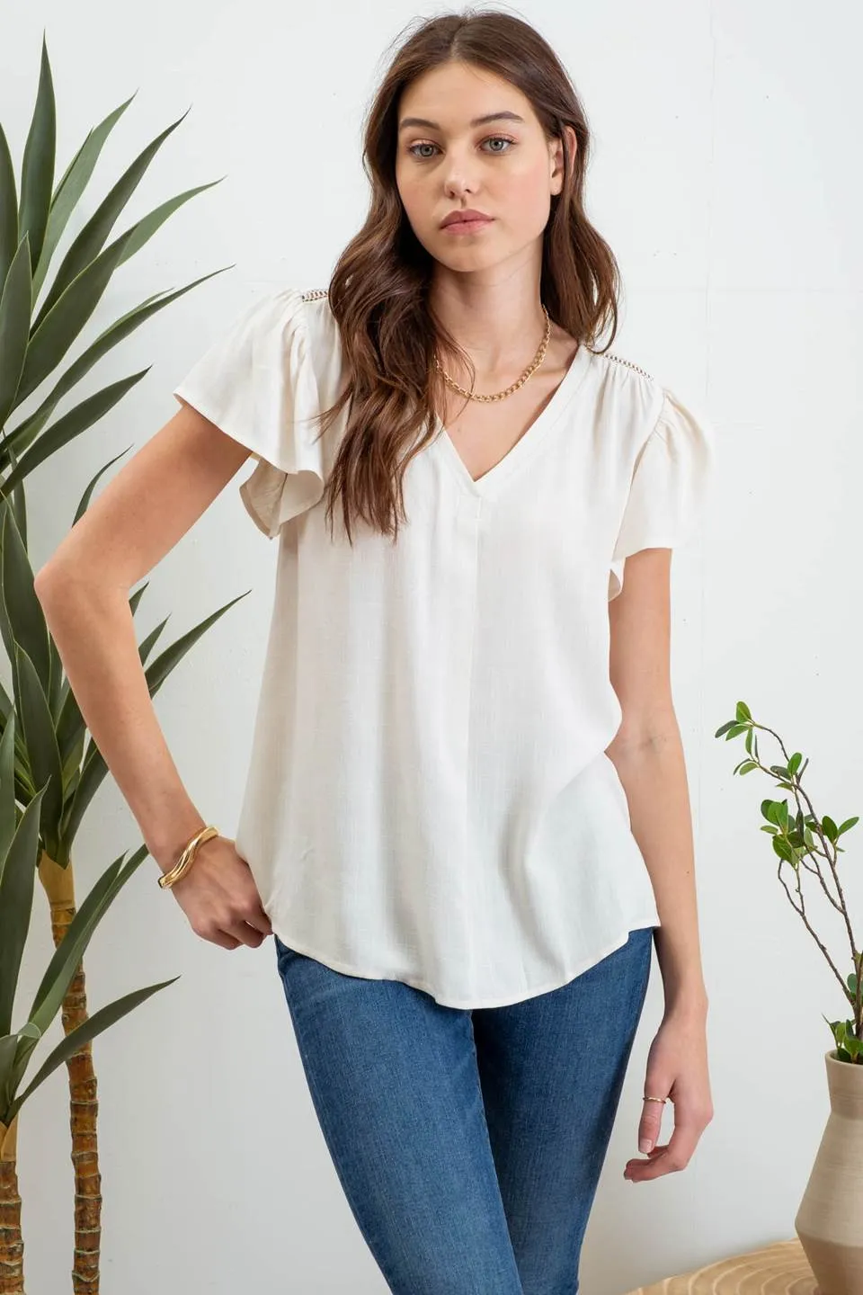 FOLDED V NECK SHORT RUFFLE SLEEVE TOP sold by Blu Pepper product image thumbnail 4