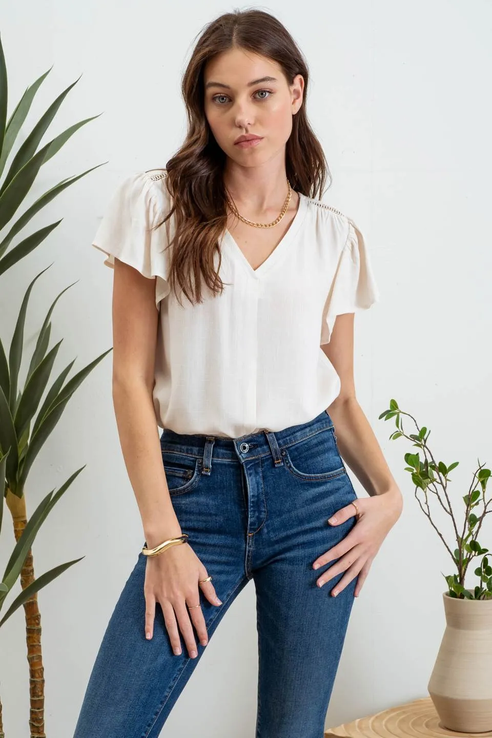 FOLDED V NECK SHORT RUFFLE SLEEVE TOP sold by Blu Pepper product image thumbnail 5