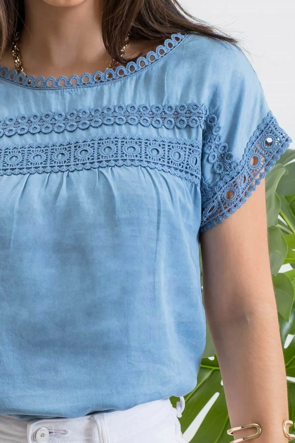 CHAMBRAY LACE TRIM SHORT SLEEVE WOVEN TOP sold by Blu Pepper product image thumbnail 4