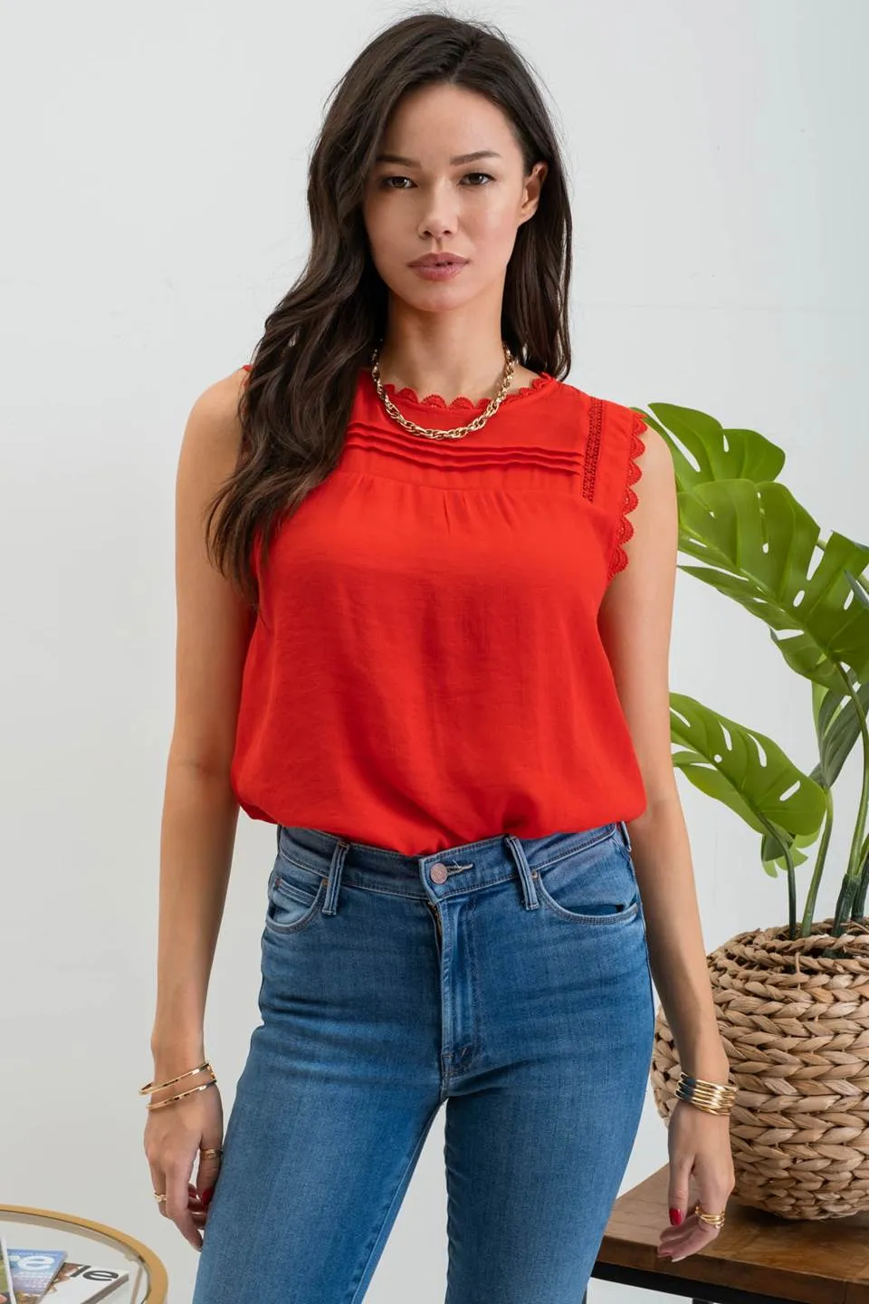 SLEEVELESS LACE EDGE WOVEN TOP sold by Blu Pepper product image thumbnail 5