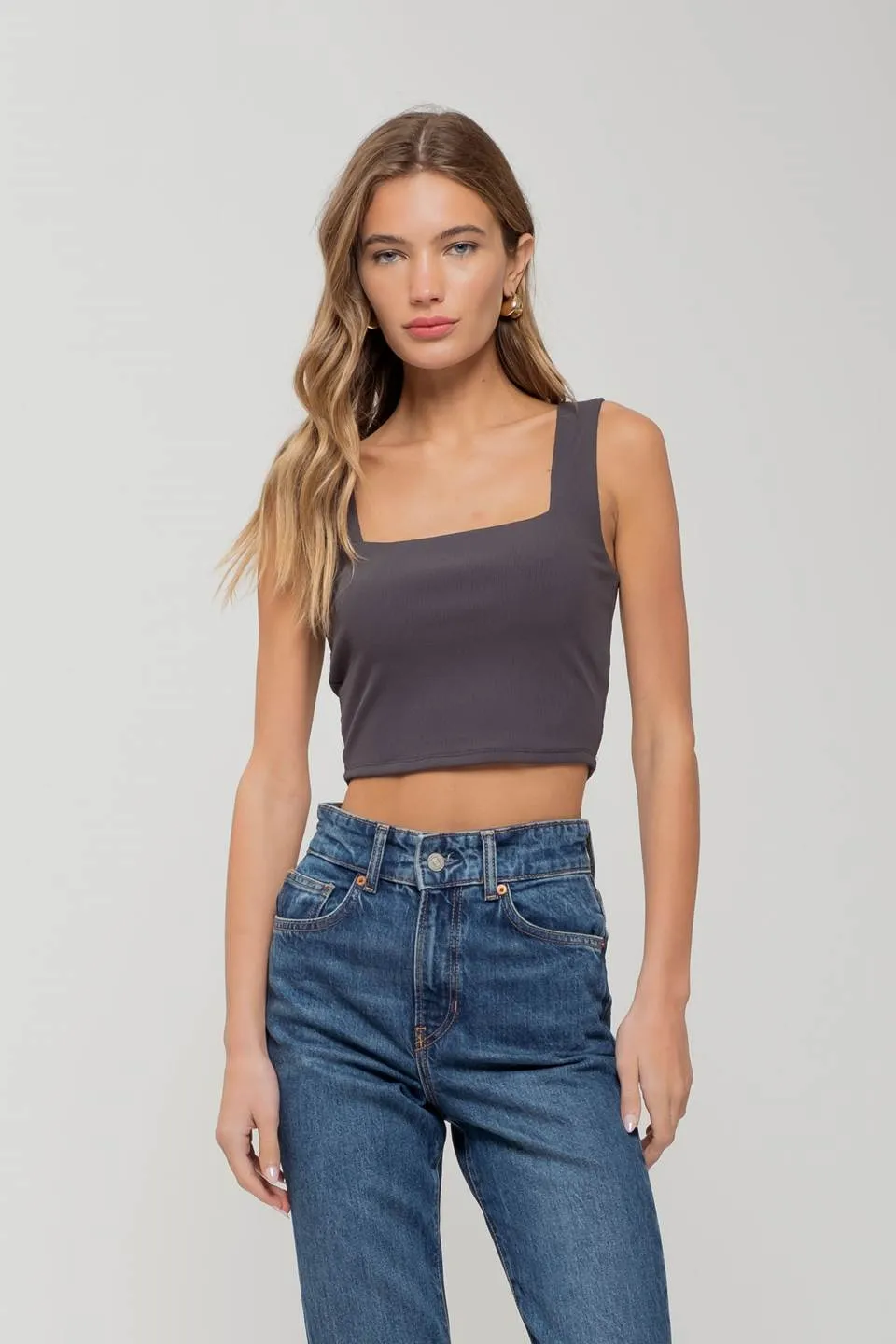 REVERISBLE SQUARE NECK CROPPED KNIT TANK sold by Blu Pepper product image thumbnail 5