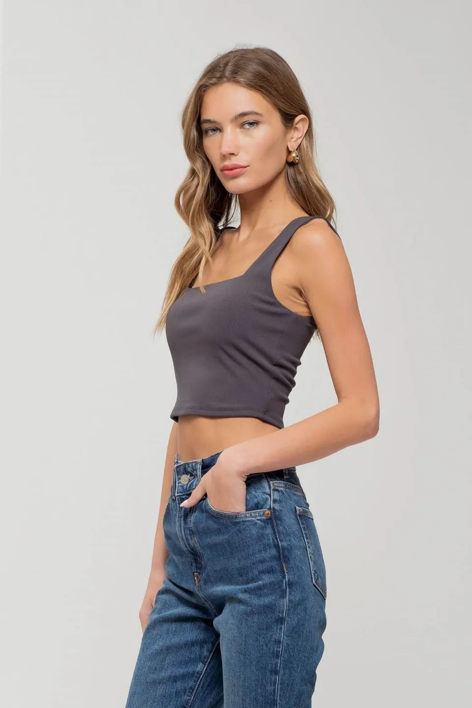 REVERISBLE SQUARE NECK CROPPED KNIT TANK sold by Blu Pepper product image thumbnail 3