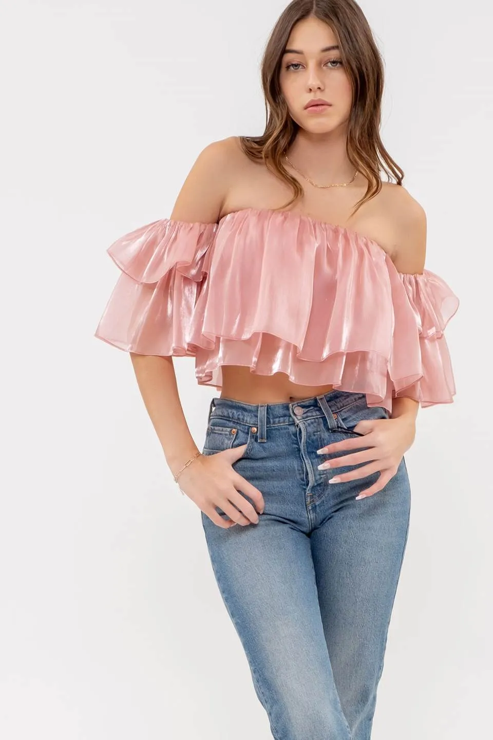 OFF-SHOULDER SHEER RUFFLE TOP sold by Blu Pepper product image thumbnail 5