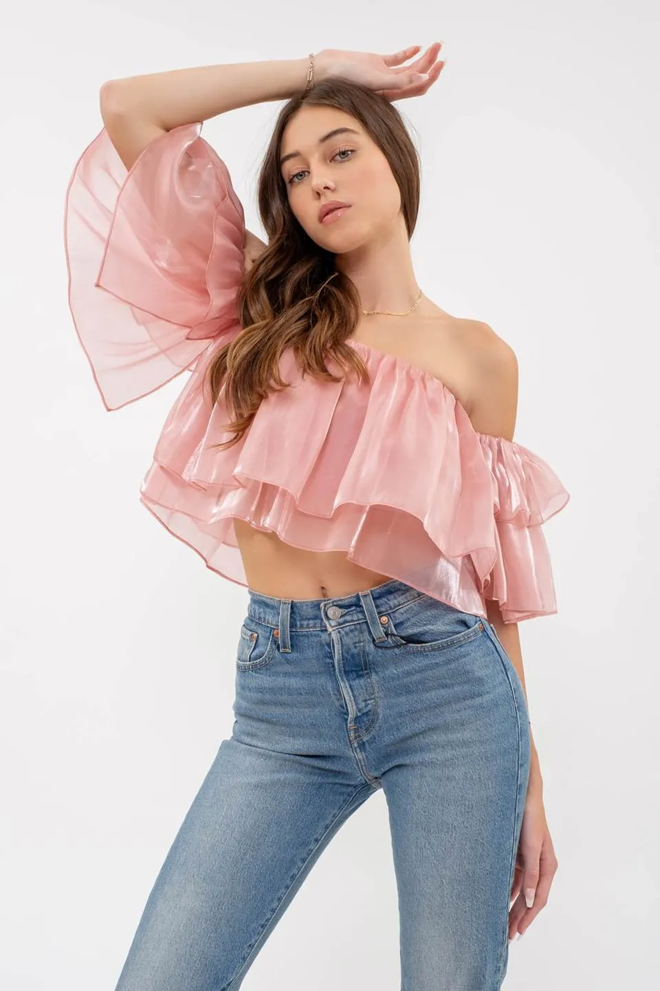 OFF-SHOULDER SHEER RUFFLE TOP sold by Blu Pepper product image thumbnail 4