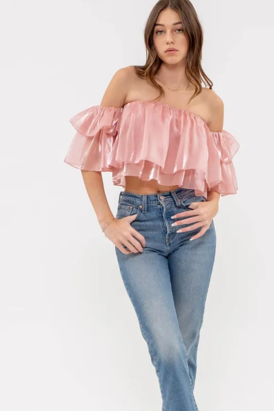 OFF-SHOULDER SHEER RUFFLE TOP sold by Blu Pepper