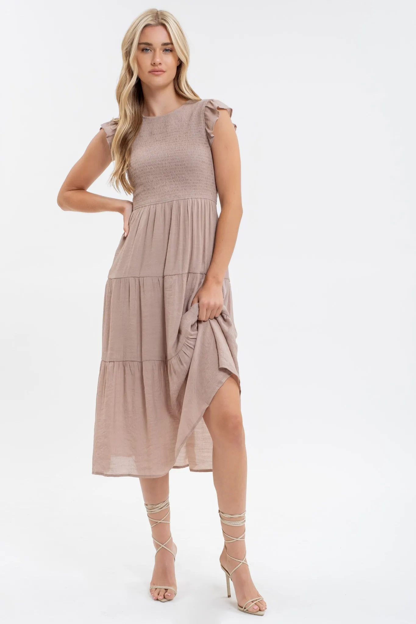 SMOCKED TIERED MIDI DRESS sold by Blu Pepper