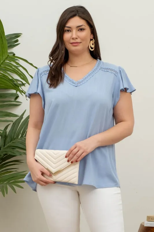 PLUS SCALLOP LACE RUFFLE SLEEVE TOP sold by Blu Pepper