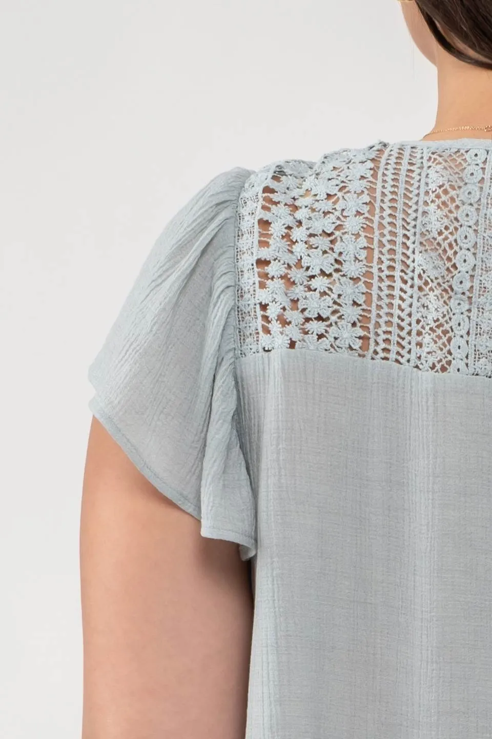 PLUS EYELET YOKE V NECK BUTTON DOWN LACE TRIM TOP sold by Blu Pepper product image thumbnail 3