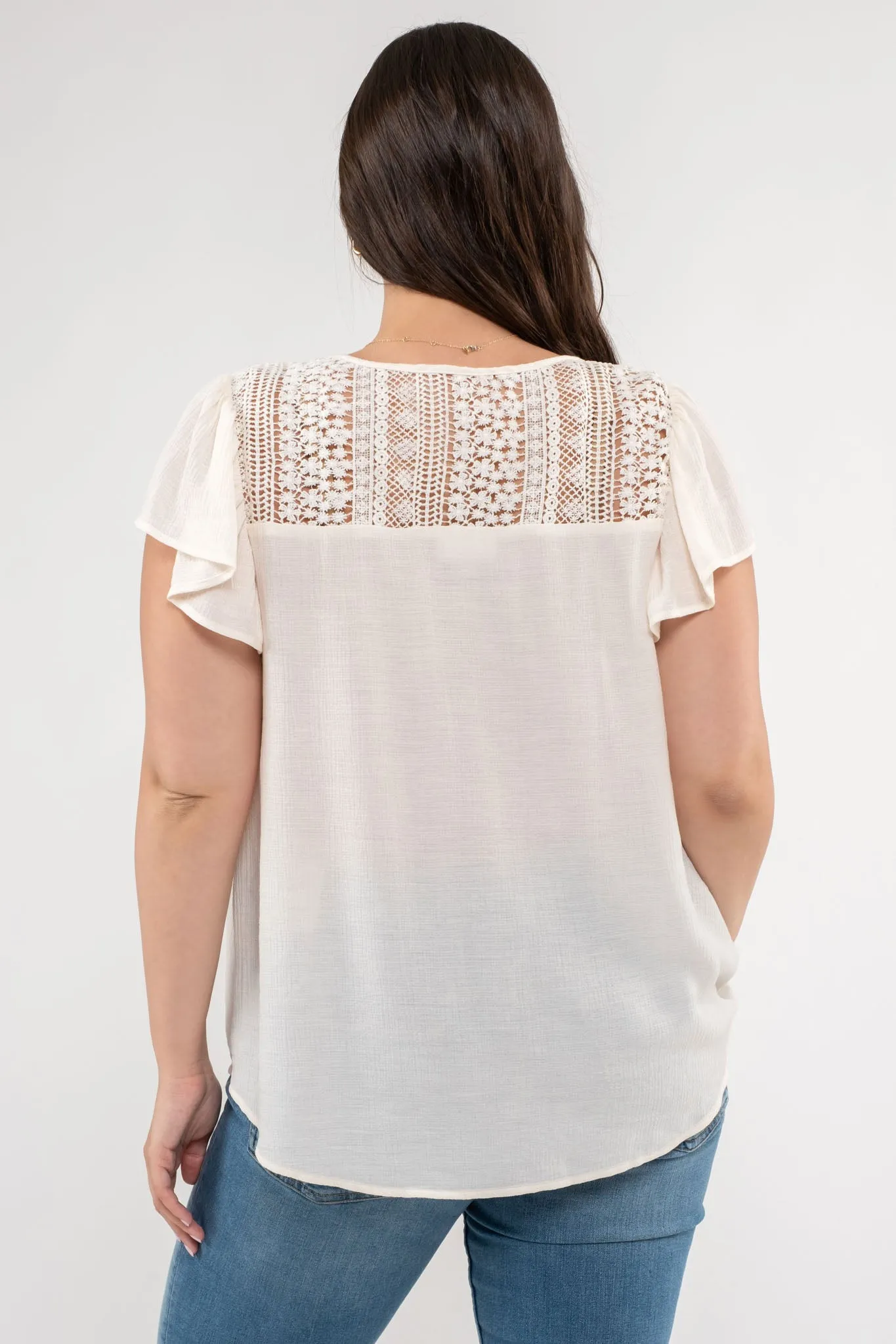PLUS EYELET YOKE V NECK BUTTON DOWN LACE TRIM TOP sold by Blu Pepper product image thumbnail 5