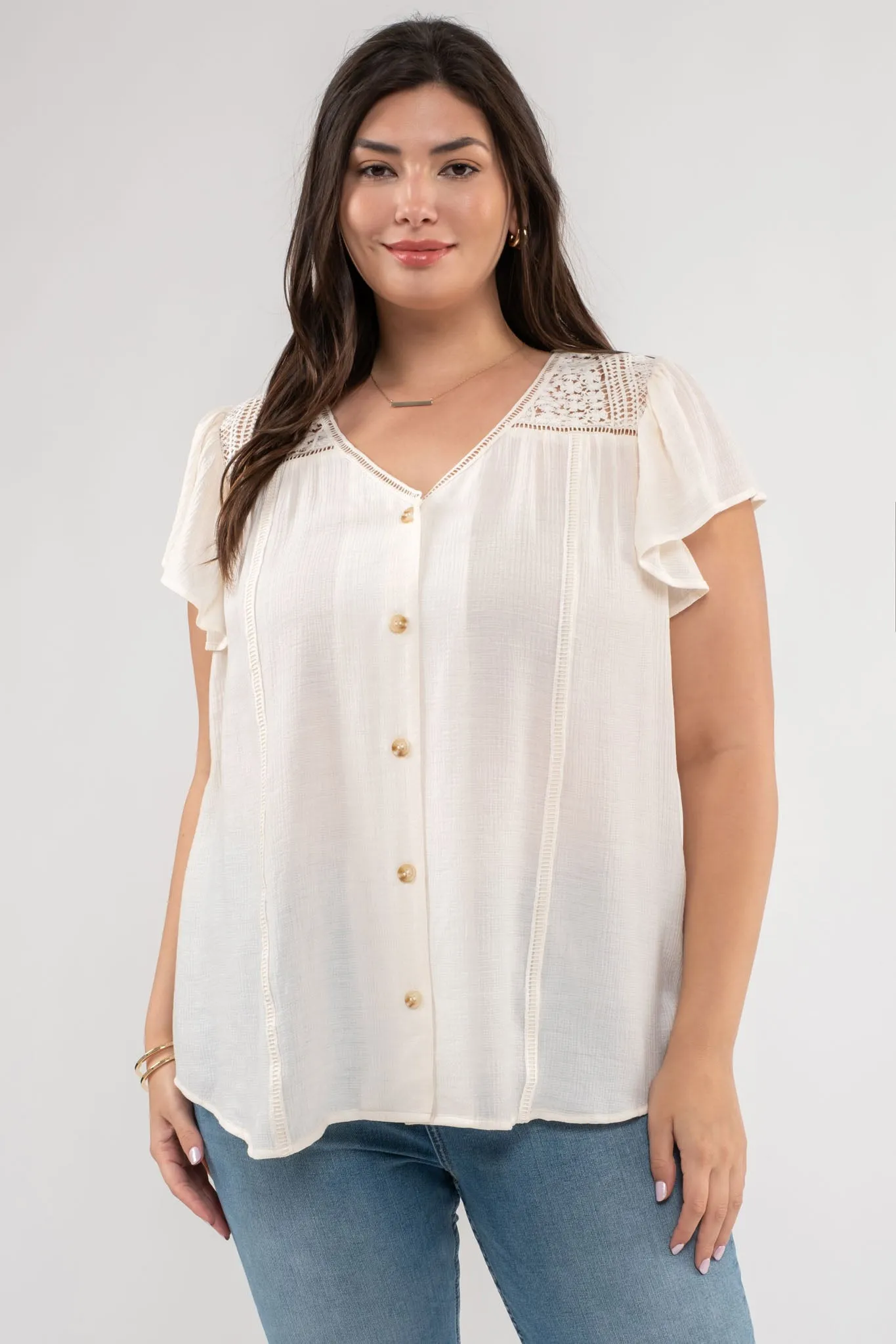 PLUS EYELET YOKE V NECK BUTTON DOWN LACE TRIM TOP sold by Blu Pepper product image thumbnail 4