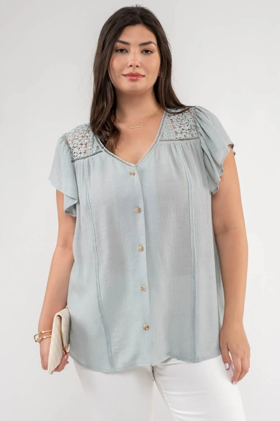 PLUS EYELET YOKE V NECK BUTTON DOWN LACE TRIM TOP sold by Blu Pepper