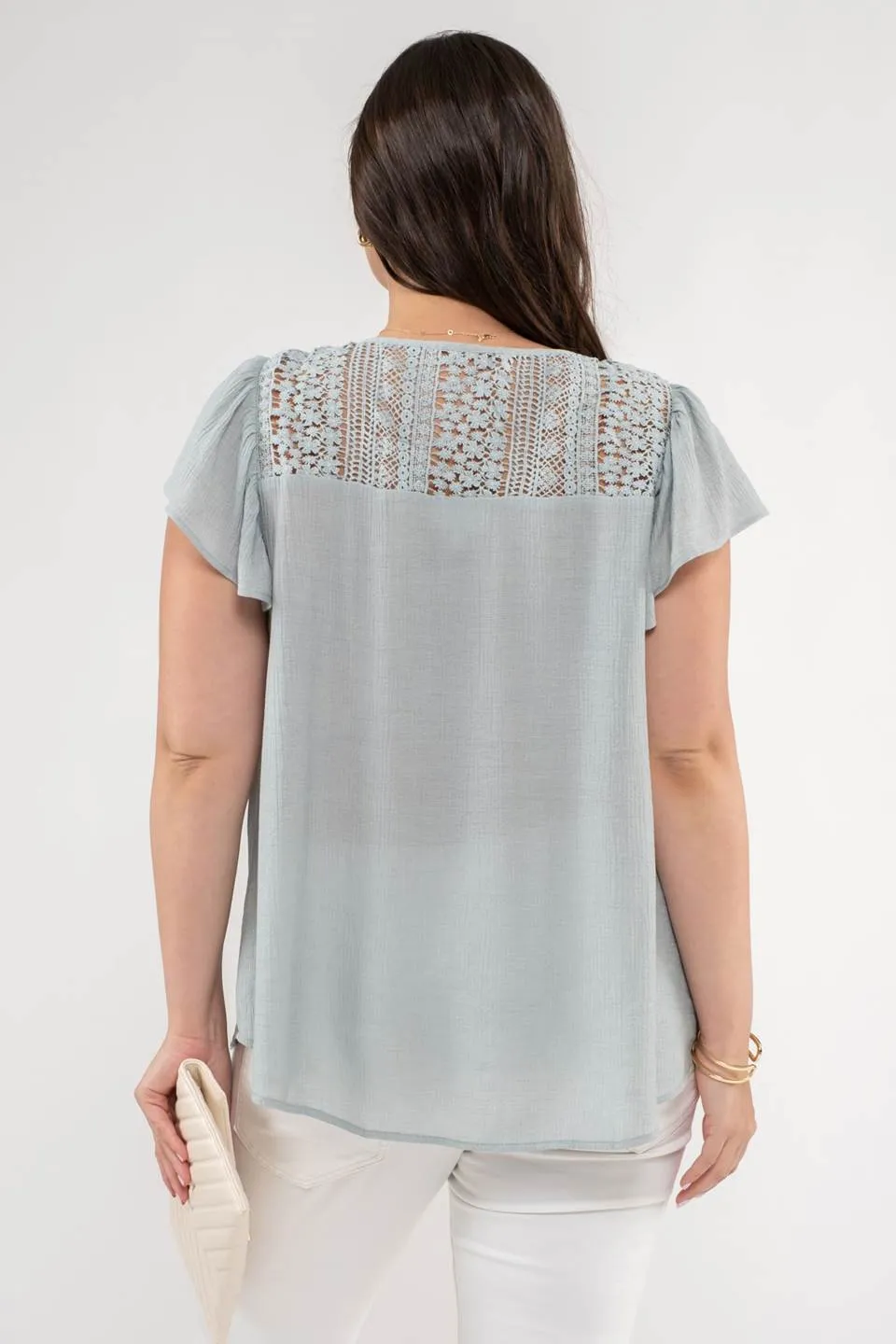 PLUS EYELET YOKE V NECK BUTTON DOWN LACE TRIM TOP sold by Blu Pepper product image thumbnail 2