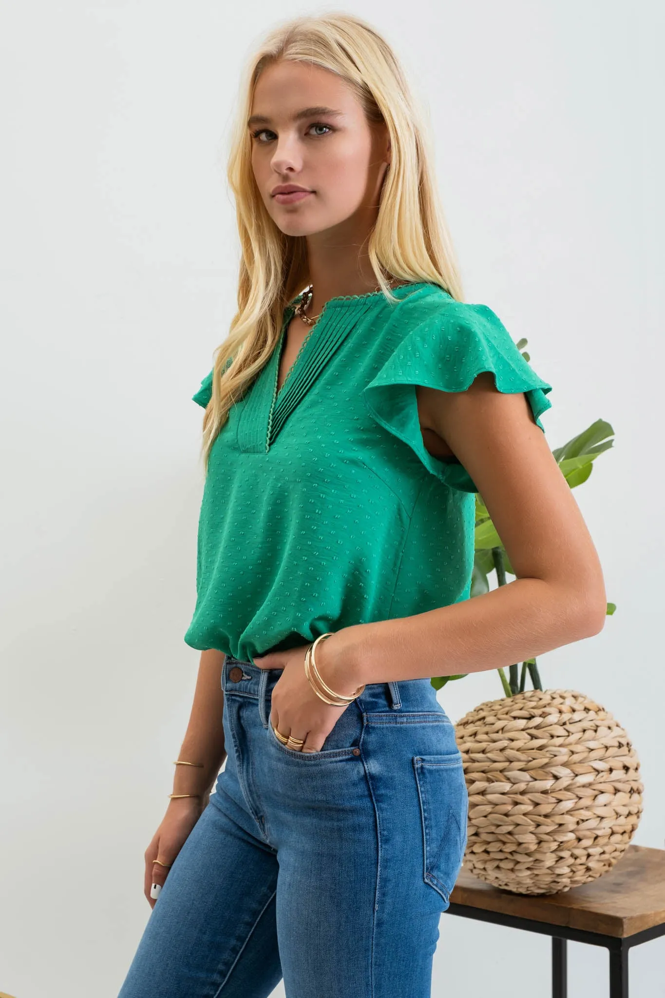 LACE EDGE SPLIT NECKLINE WOVEN TOP sold by Blu Pepper product image thumbnail 3