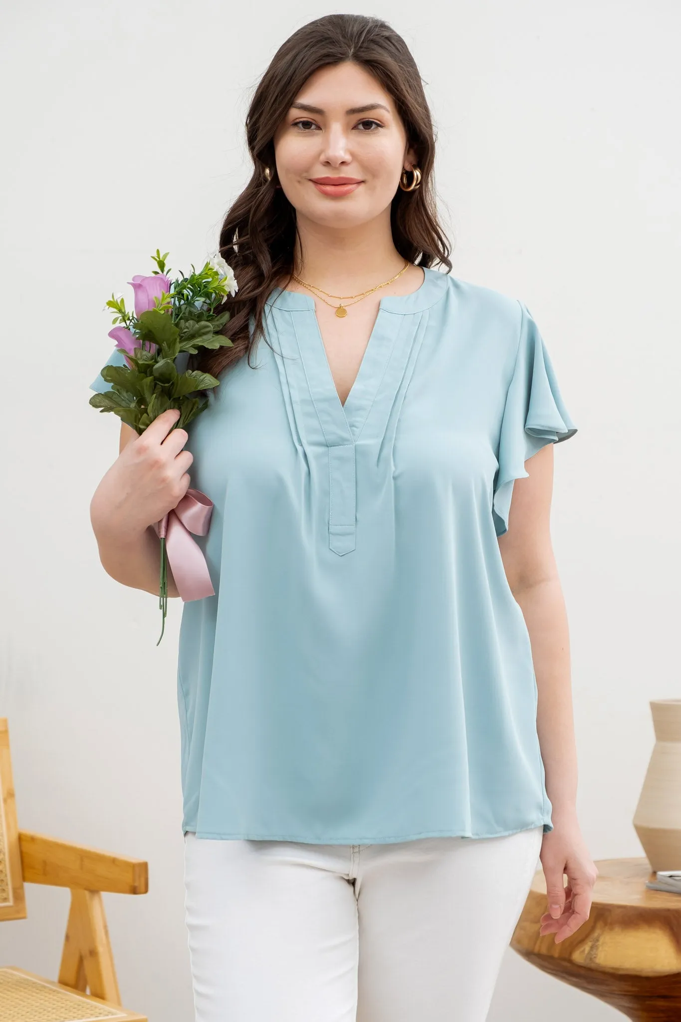 PLUS PLEATED SPLIT NECK FLUTTER SLEEVE TOP sold by Blu Pepper