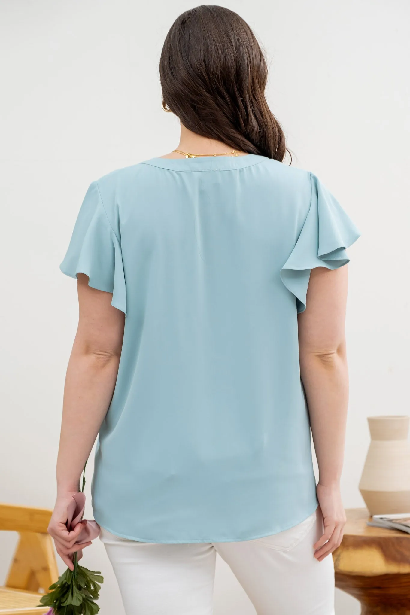 PLUS PLEATED SPLIT NECK FLUTTER SLEEVE TOP sold by Blu Pepper product image thumbnail 2