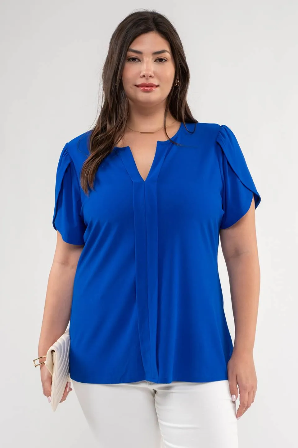 PLUS DRAPE SLEEVE SPLIT NECK TOP sold by Blu Pepper product image thumbnail 4