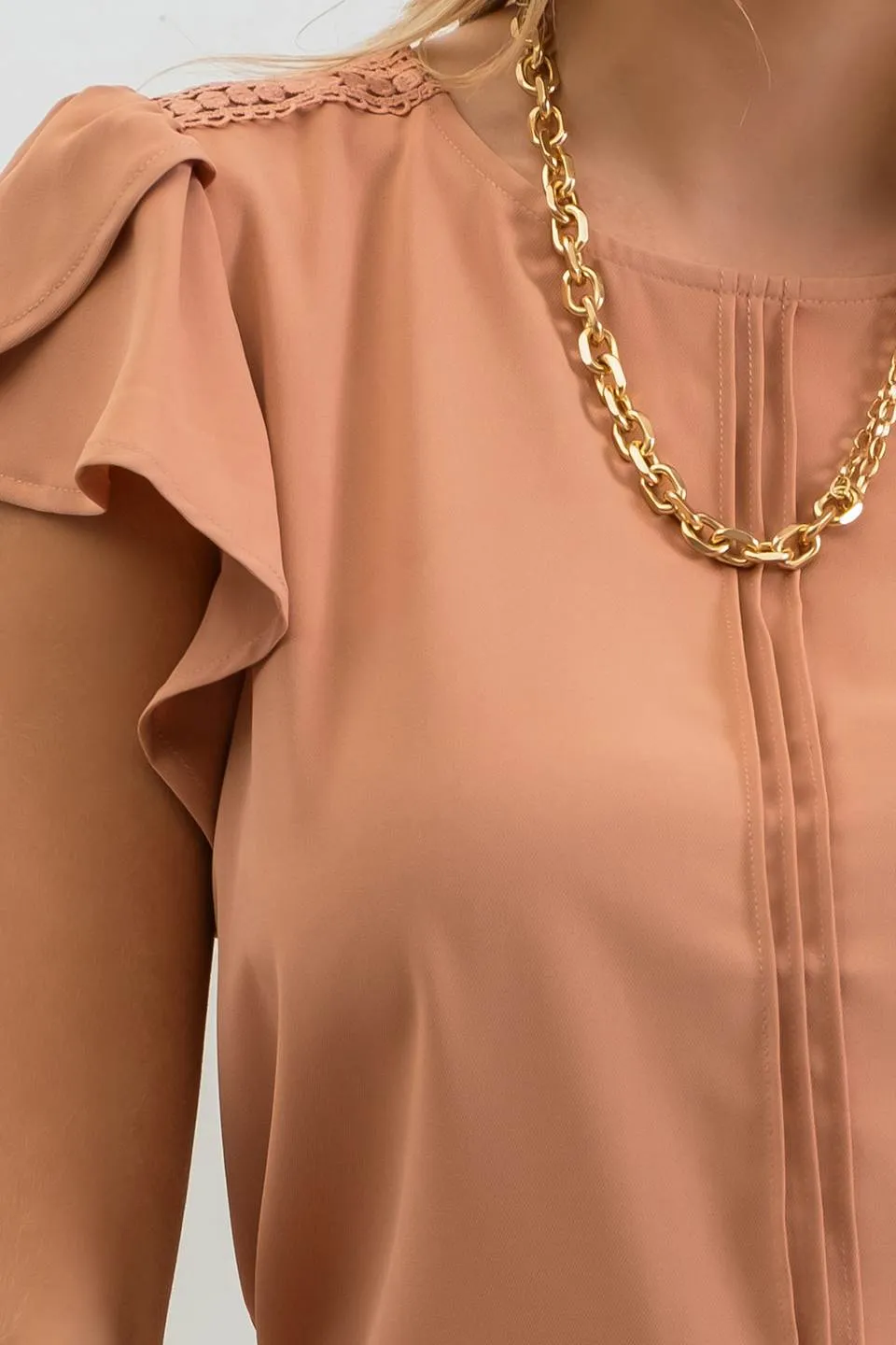 LACE TRIM SHORT TULIP SLEEVE PINTUCK BLOUSE sold by Blu Pepper product image thumbnail 4