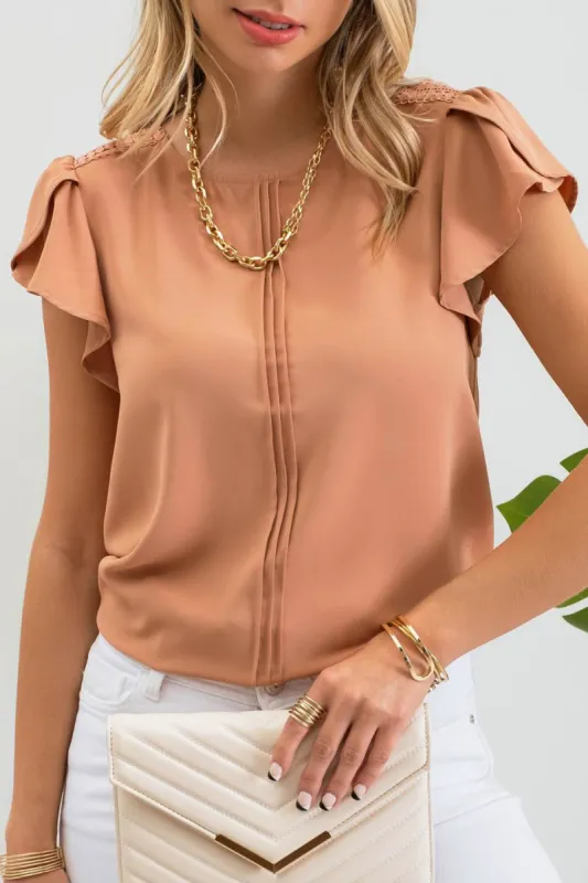 LACE TRIM SHORT TULIP SLEEVE PINTUCK BLOUSE sold by Blu Pepper