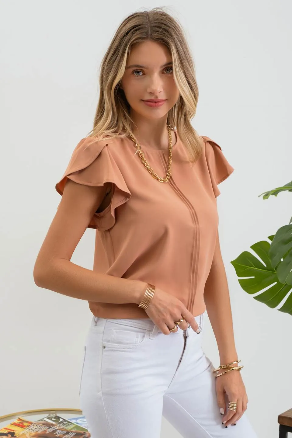 LACE TRIM SHORT TULIP SLEEVE PINTUCK BLOUSE sold by Blu Pepper product image thumbnail 3