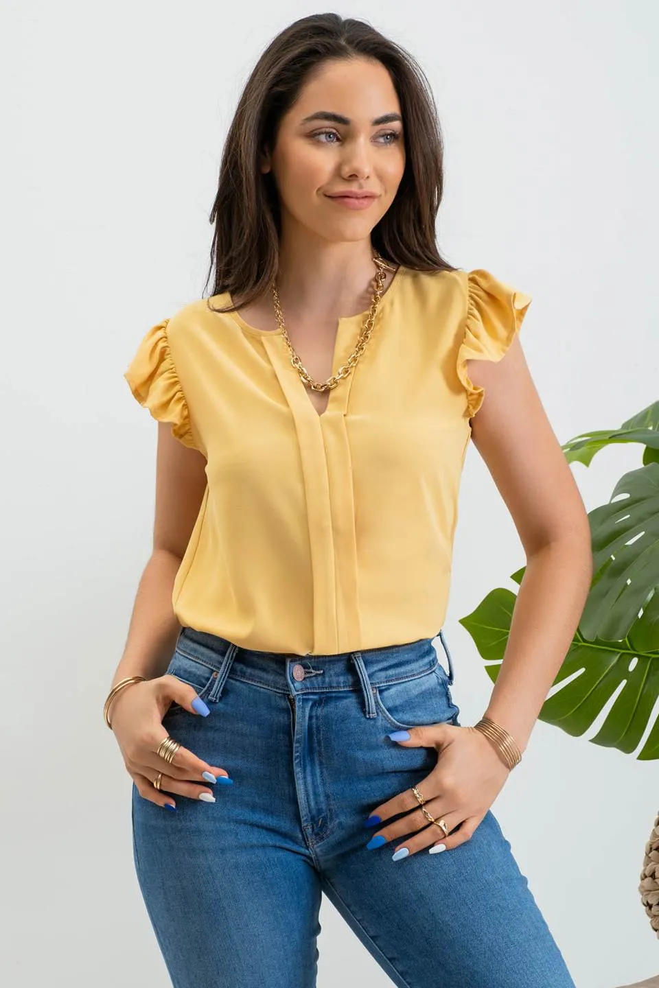 SPLIT NECK RUFFLE SLEEVE BLOUSE sold by Blu Pepper product image thumbnail 5