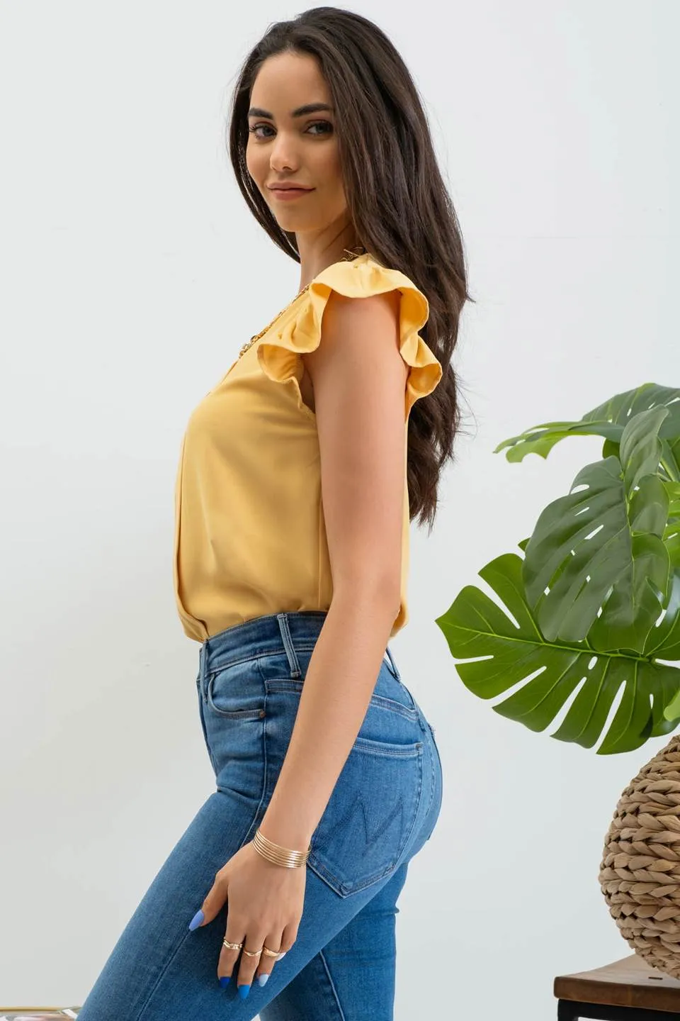 SPLIT NECK RUFFLE SLEEVE BLOUSE sold by Blu Pepper product image thumbnail 3