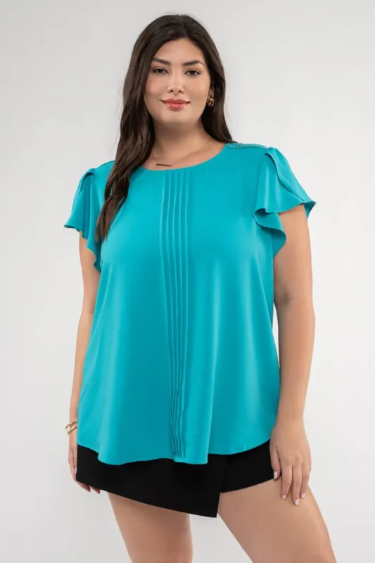 PLUS LACE TRIM SHORT TULIP SLEEVE PINTUCK BLOUSE sold by Blu Pepper