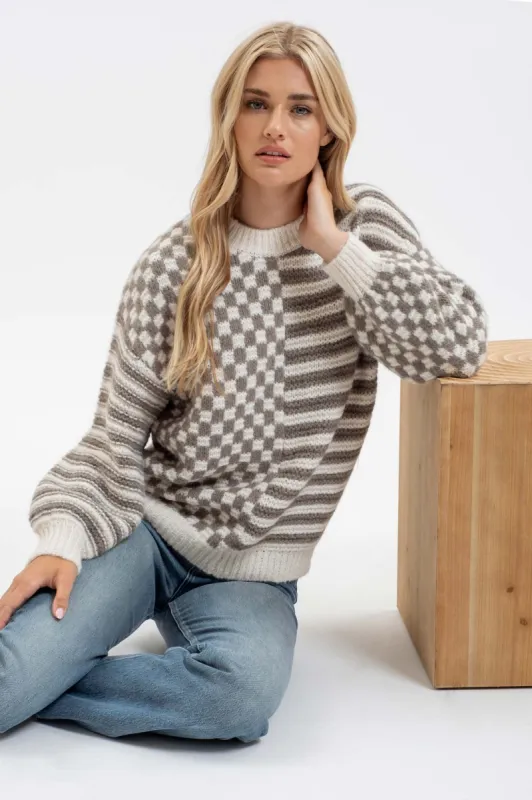 STRIPE AND CHECKERED CREWNECK KNIT SWEATER sold by Blu Pepper