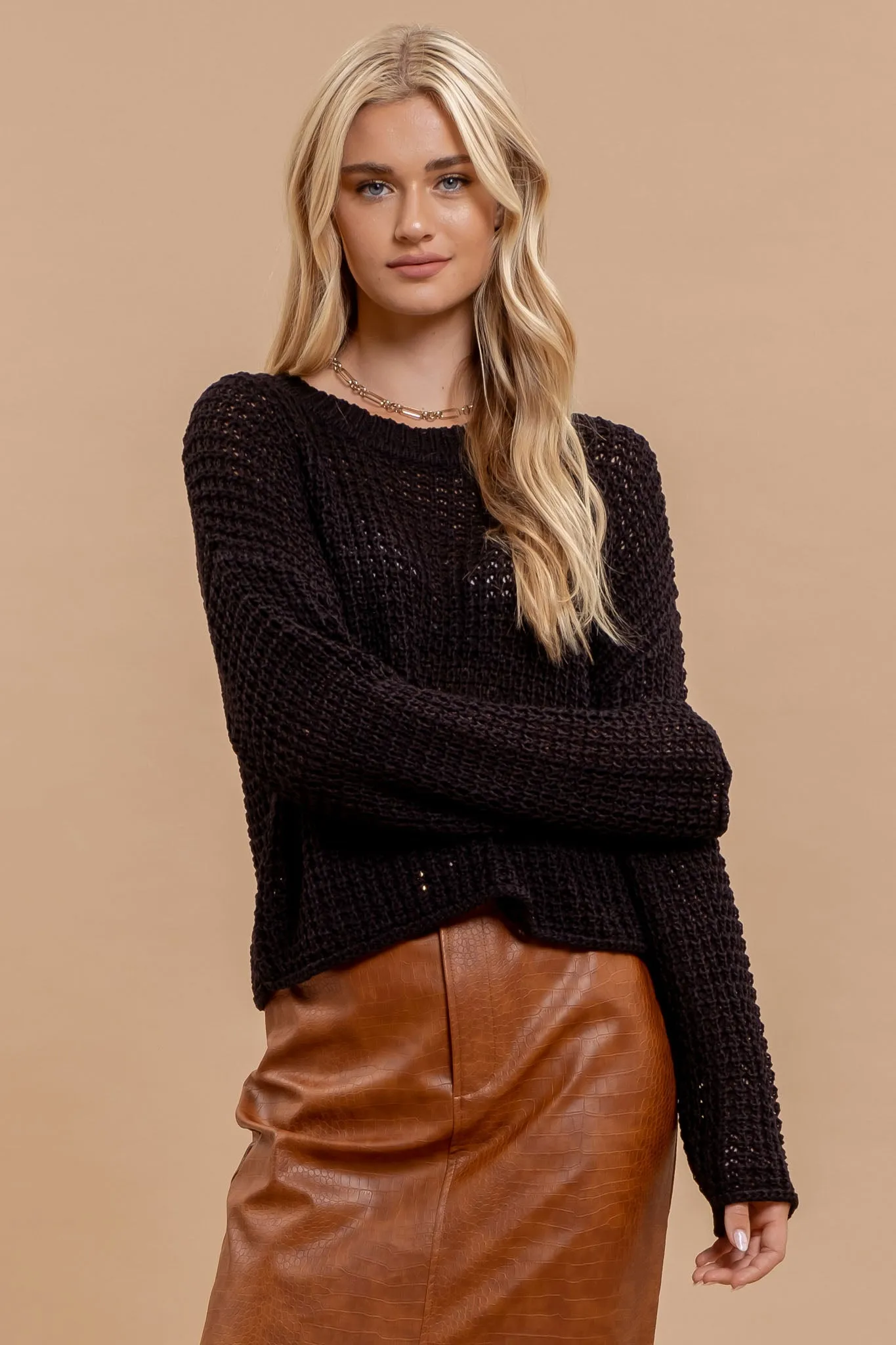 SHEER CREW NECK CROCHET KNIT SWEATER sold by Blu Pepper