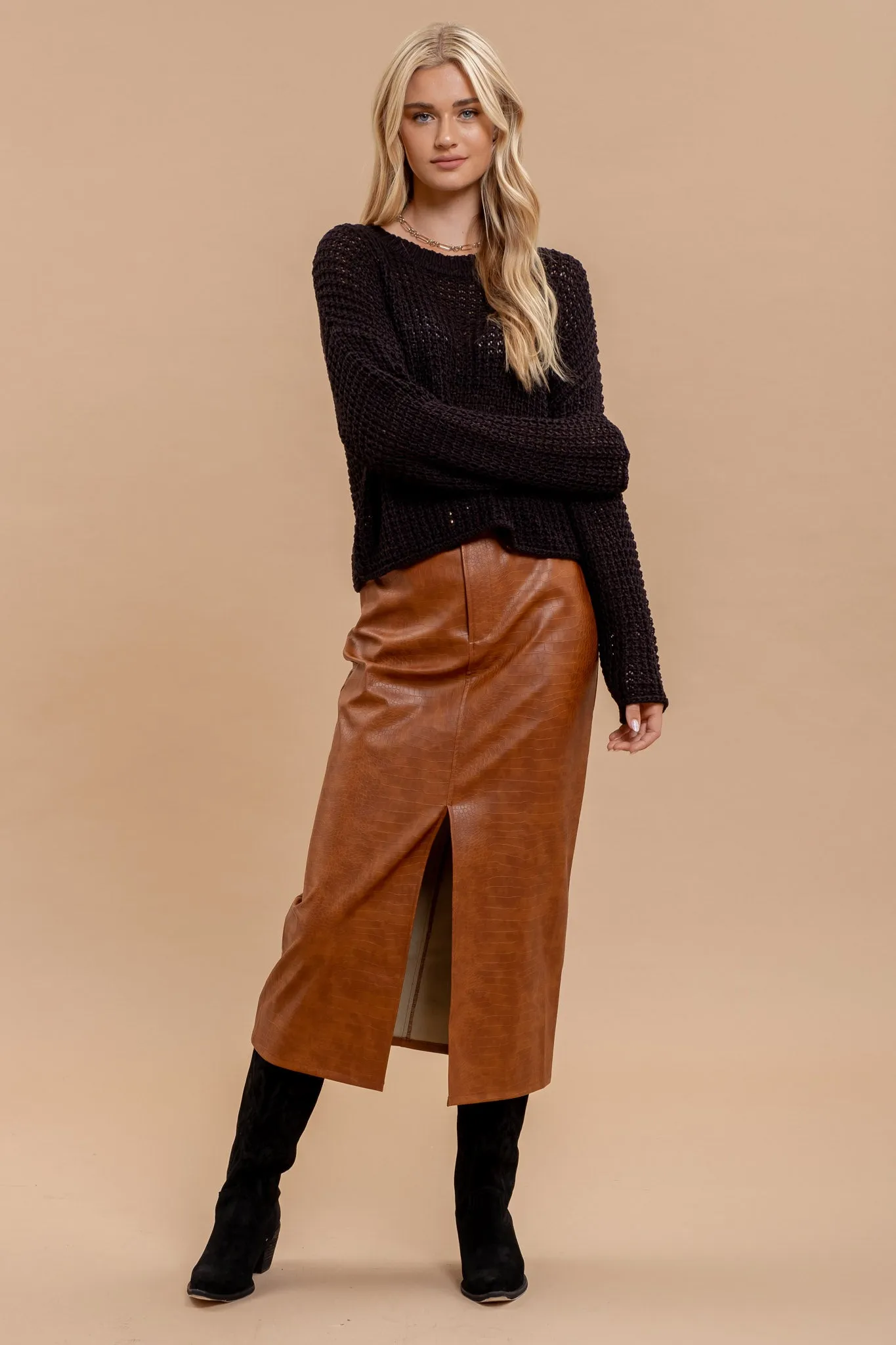 SHEER CREW NECK CROCHET KNIT SWEATER sold by Blu Pepper product image thumbnail 5