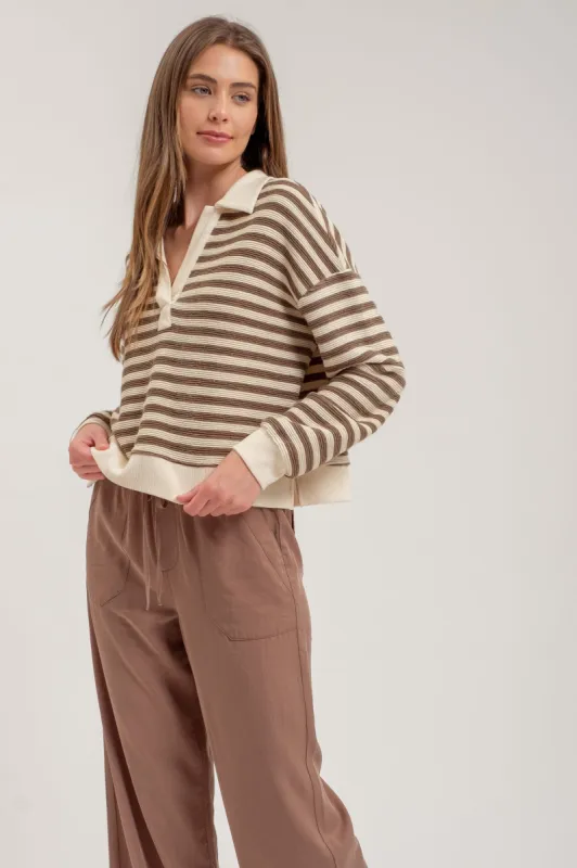 STRIPED COLLARED LONG SLEEVE POLO KNIT TOP sold by Blu Pepper