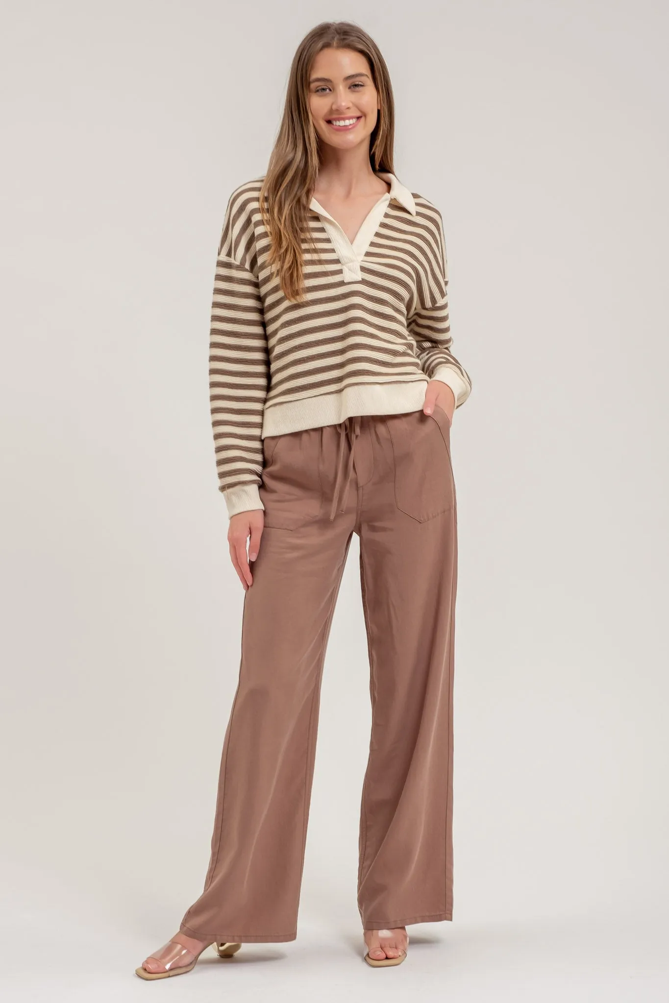 STRIPED COLLARED LONG SLEEVE POLO KNIT TOP sold by Blu Pepper product image thumbnail 4