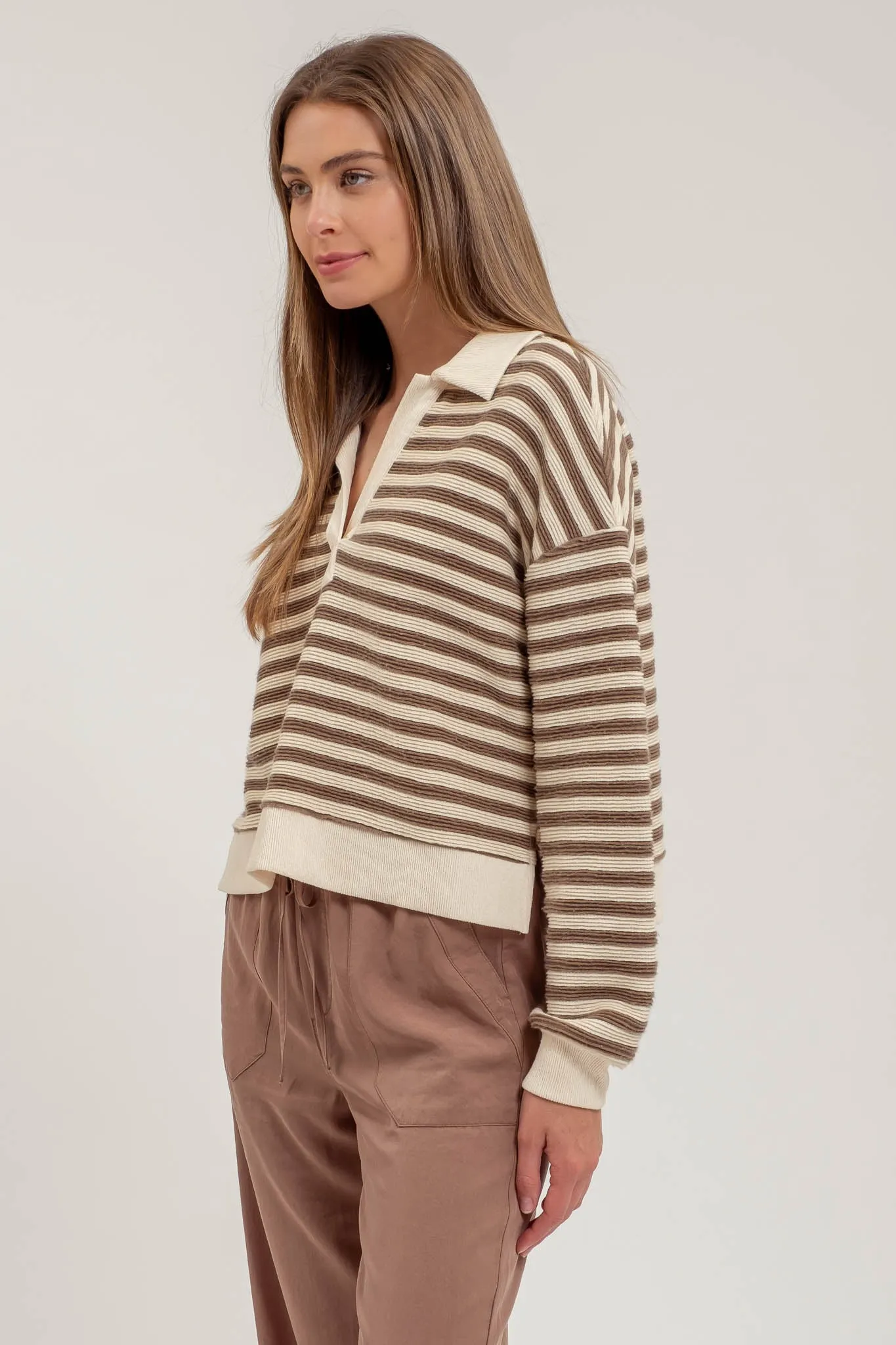 STRIPED COLLARED LONG SLEEVE POLO KNIT TOP sold by Blu Pepper product image thumbnail 3