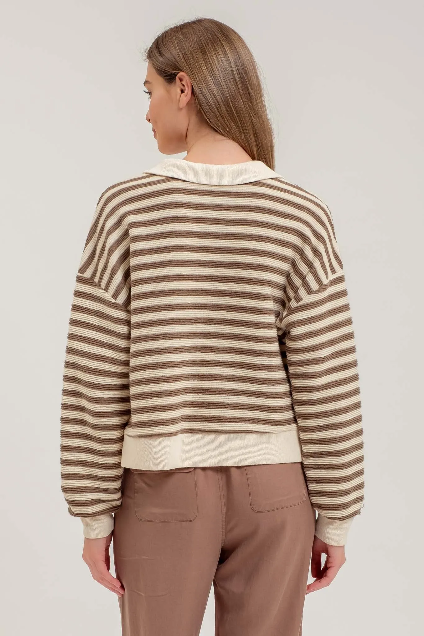 STRIPED COLLARED LONG SLEEVE POLO KNIT TOP sold by Blu Pepper product image thumbnail 2