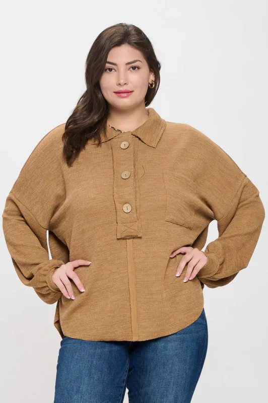 PLUS COLLARED RAW EDGE KNIT TOP sold by Blu Pepper