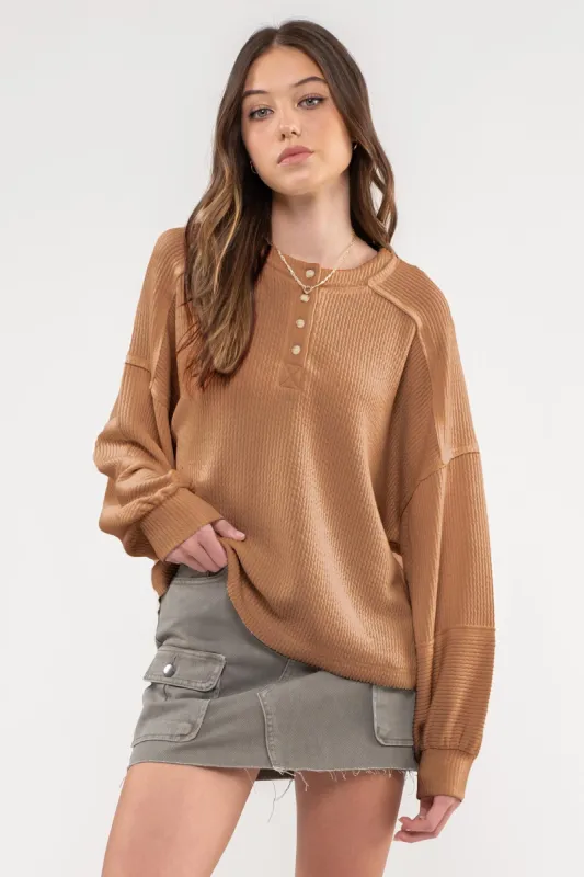 RELAXED RIB KNIT HENLEY TOP sold by Blu Pepper