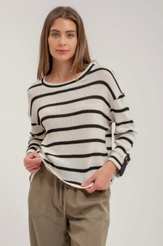 STRIPE RELAXED 3/4 CUFFED SLEEVE KNIT TOP sold by Blu Pepper