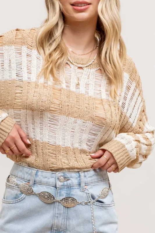 STRIPED LADDER KNIT PULLOVER SWEATER sold by Blu Pepper