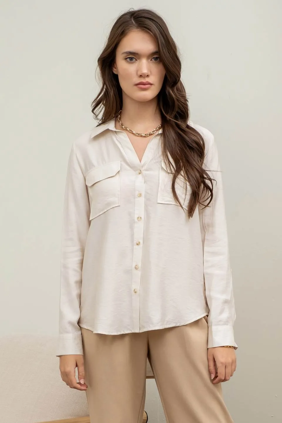 COLLARED BUTTON DOWN TAB SLEEVE POCKET DETAIL SHIR sold by Blu Pepper