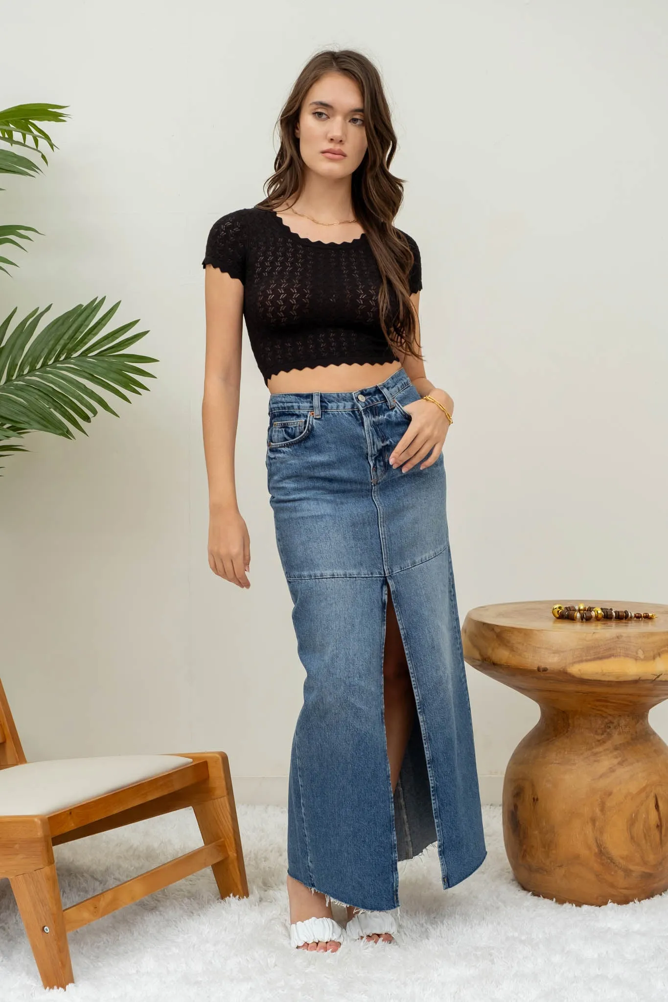 EYELET SCALLOP SWEATER KNIT CROP TOP sold by Blu Pepper product image thumbnail 5