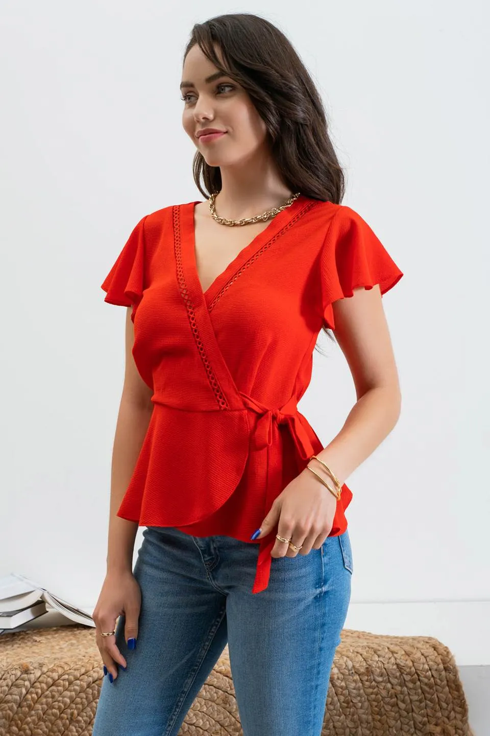 LACE INSET SURPLICE TOP sold by Blu Pepper product image thumbnail 3
