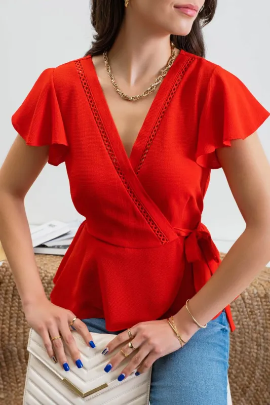 LACE INSET SURPLICE TOP sold by Blu Pepper