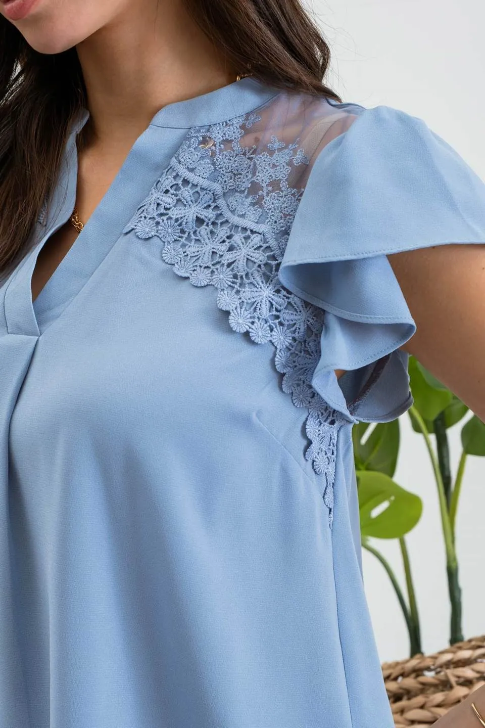 SHORT RUFFLE SLEEVE SHOULDER LACE TRIM TOP sold by Blu Pepper product image thumbnail 4