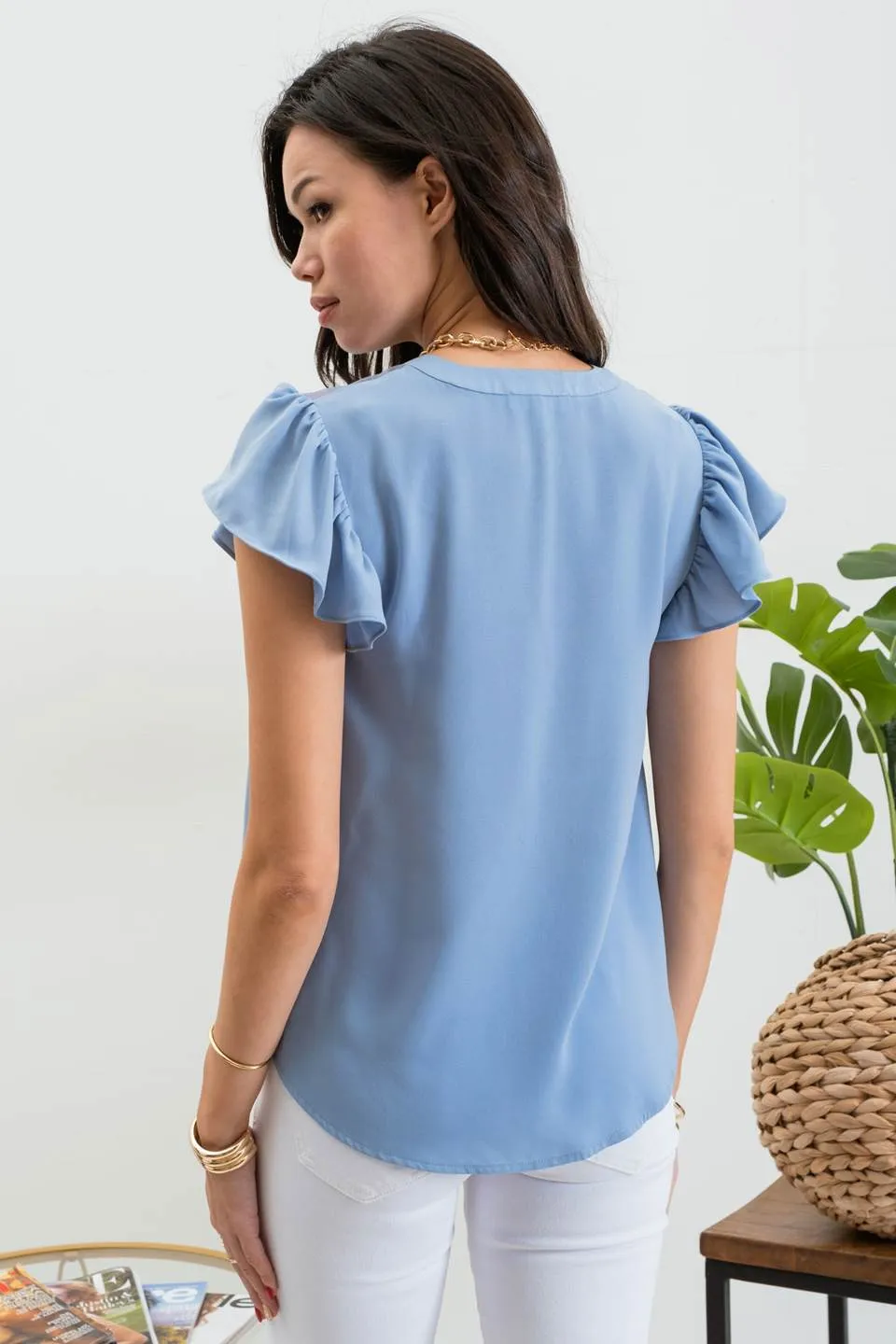 SHORT RUFFLE SLEEVE SHOULDER LACE TRIM TOP sold by Blu Pepper product image thumbnail 2