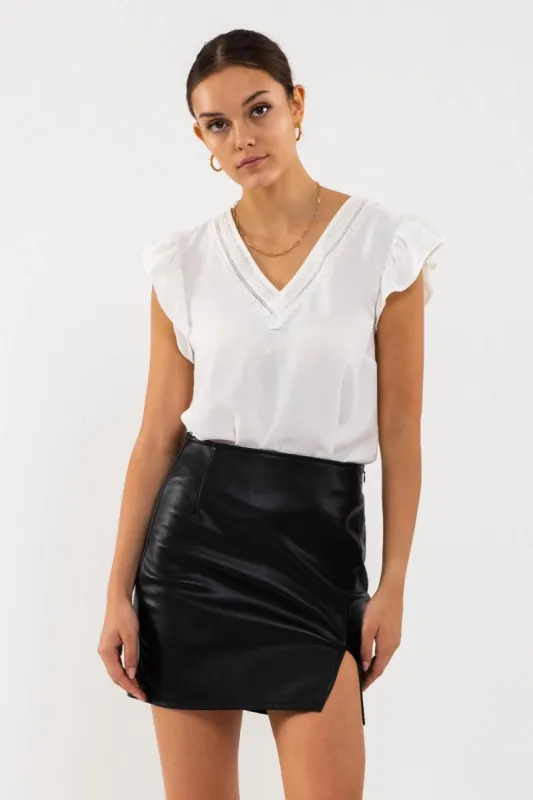 LACE V NECK WOVEN TOP sold by Blu Pepper