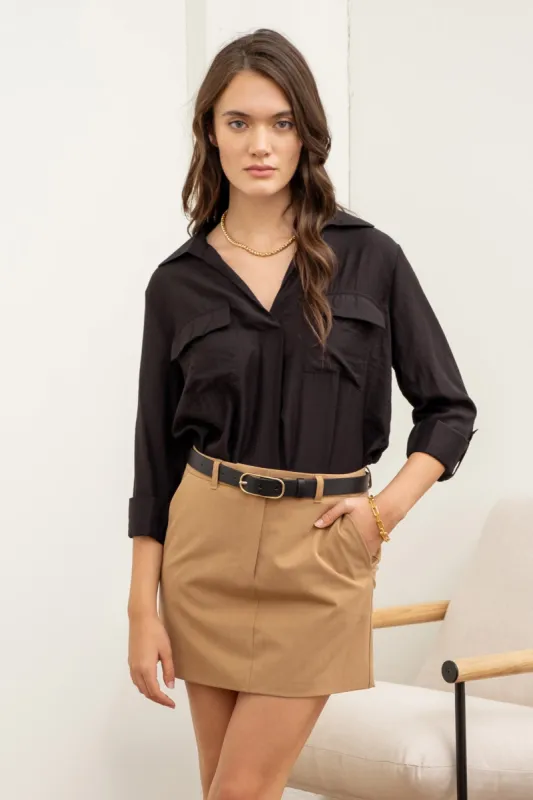 COLLARED SPLIT NECK 3/4 TAB SLEEVE TOP sold by Blu Pepper