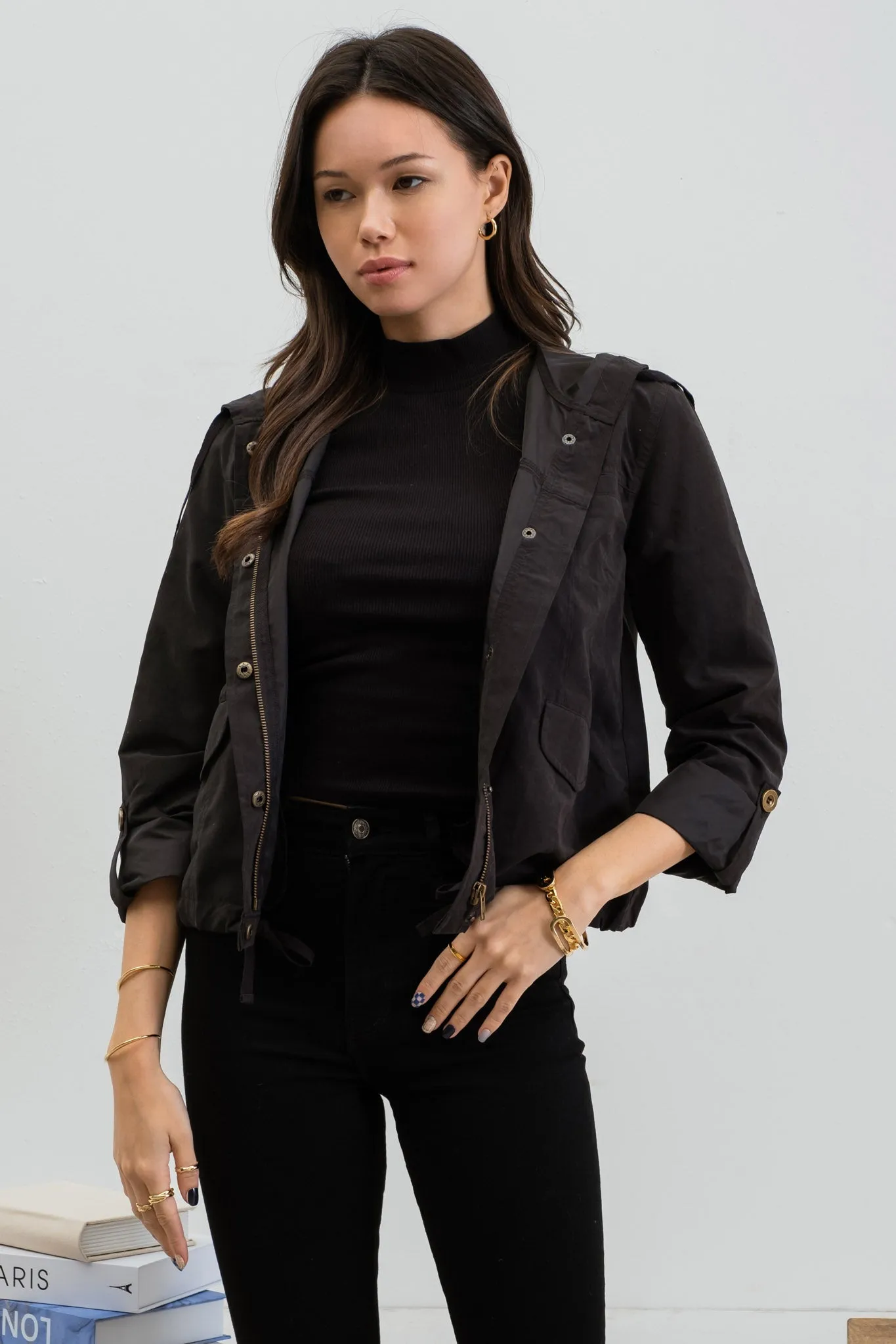 SNAP BUTTON ZIP UP HOODED JACKET sold by Blu Pepper product image thumbnail 5