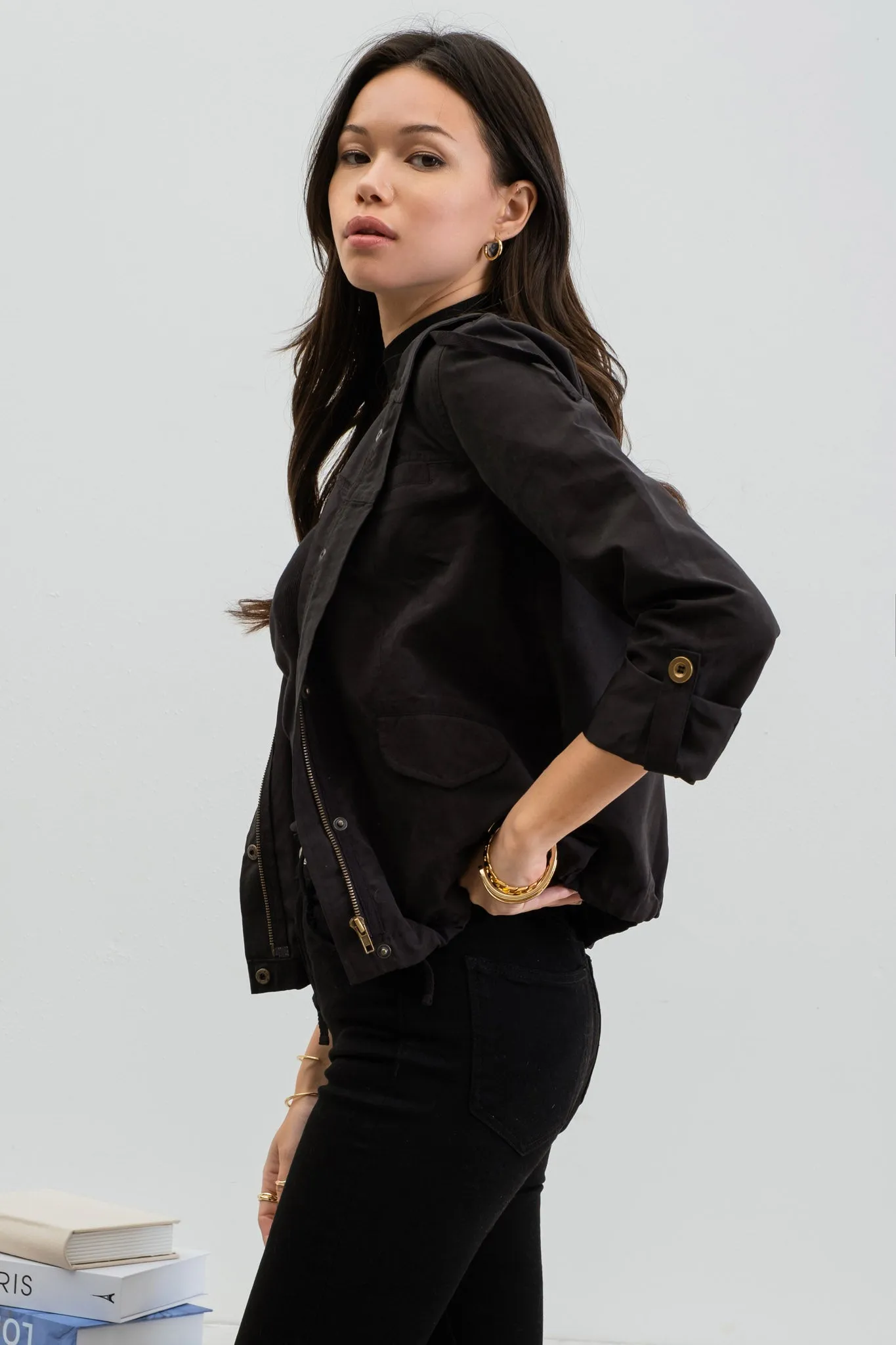 SNAP BUTTON ZIP UP HOODED JACKET sold by Blu Pepper product image thumbnail 3