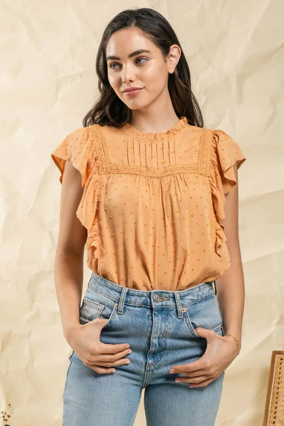 SHORT DRAPE SLEEVE WOVEN TOP sold by Blu Pepper product image thumbnail 4
